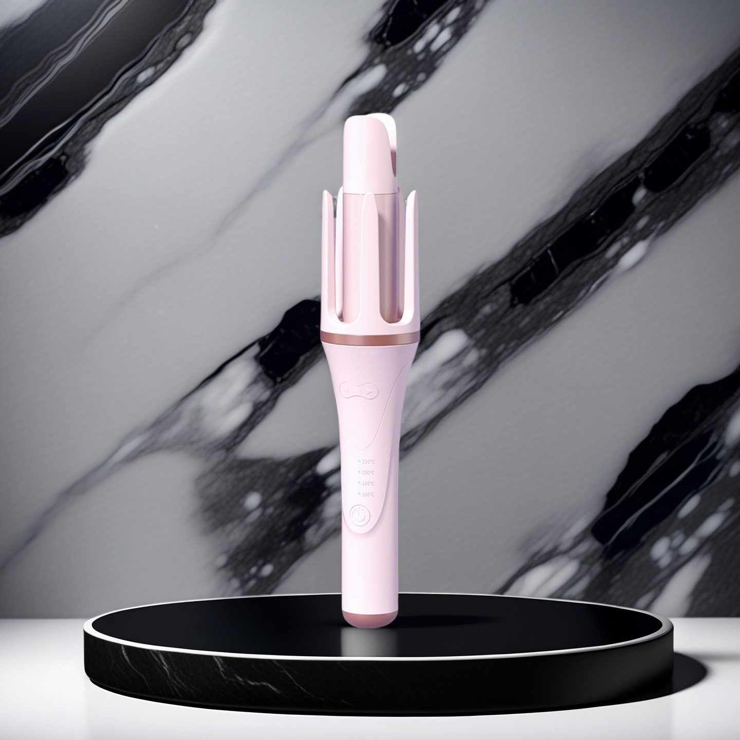 Pink hair straightener on a black stand with a marble background