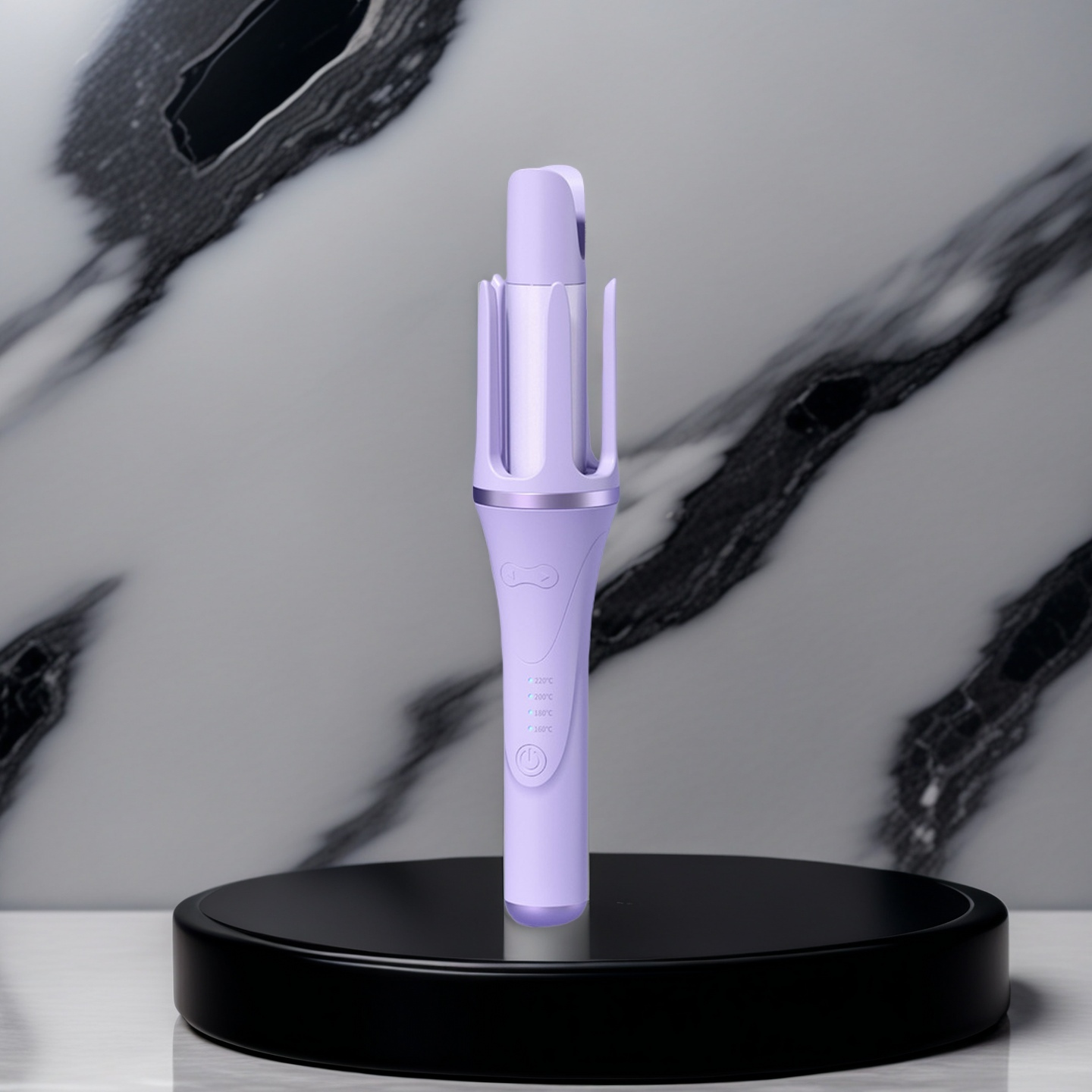 Purple hair straightener on a black stand with a marble background