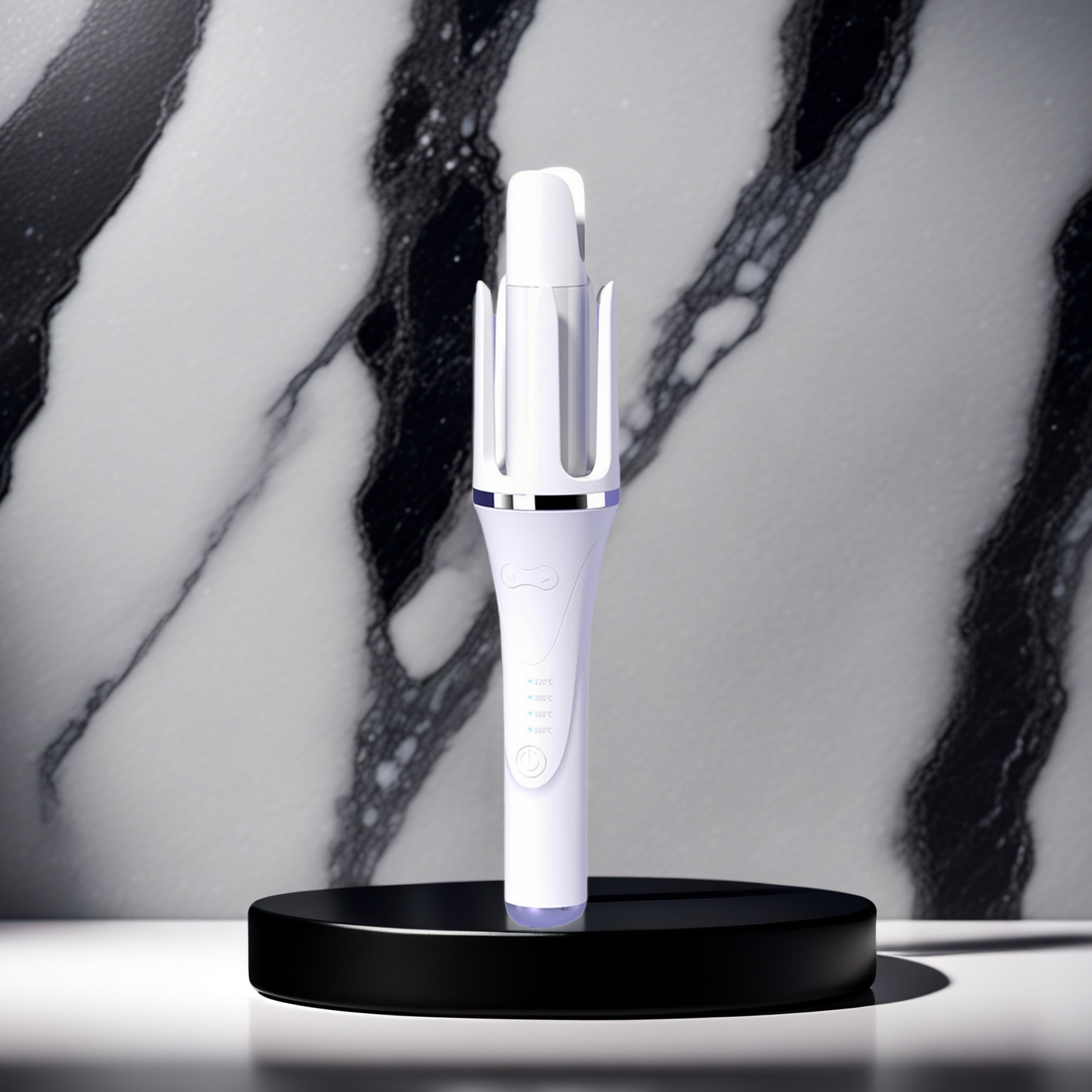 White electronic device on a black stand against a marble background
